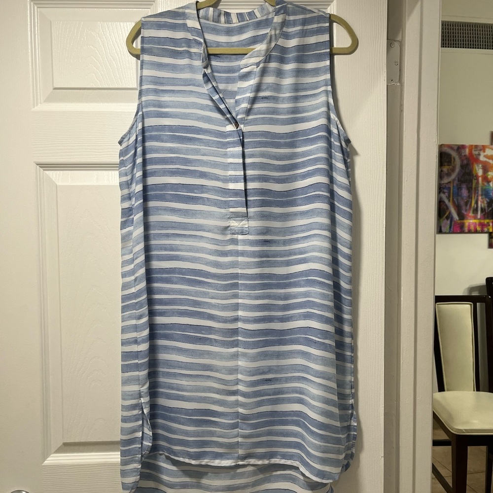 - Asymmetric summer dress with blue and white horizontal stripes, sleeve…